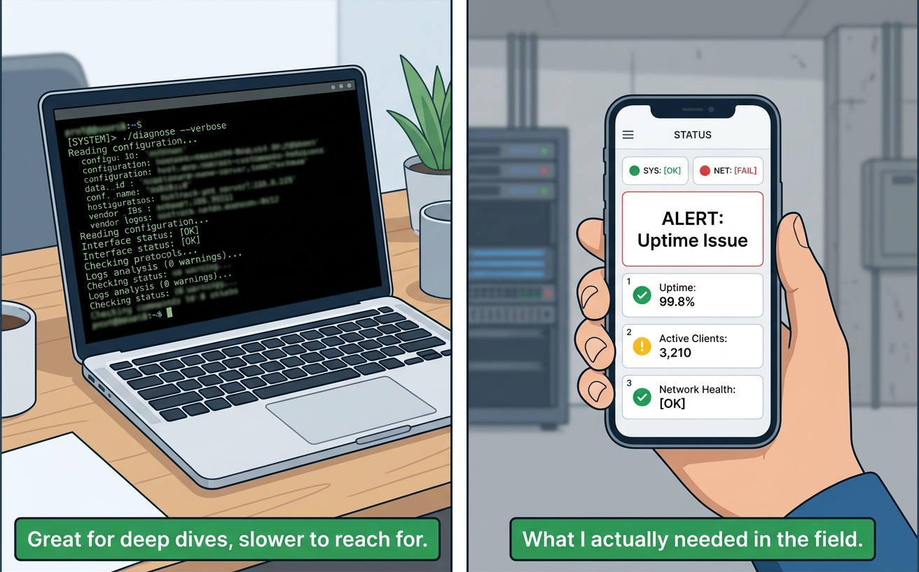 The problem, illustrated: a laptop CLI session next to a phone showing a quick status check