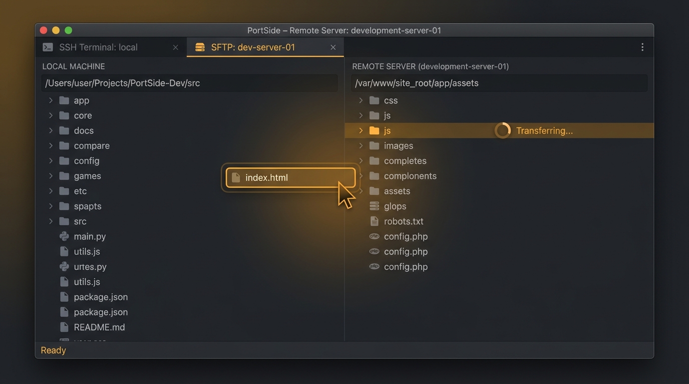 A screenshot style mockup of PortSide's SFTP view with two file browser panes side by side, a file mid drag between them, and a small progress indicator