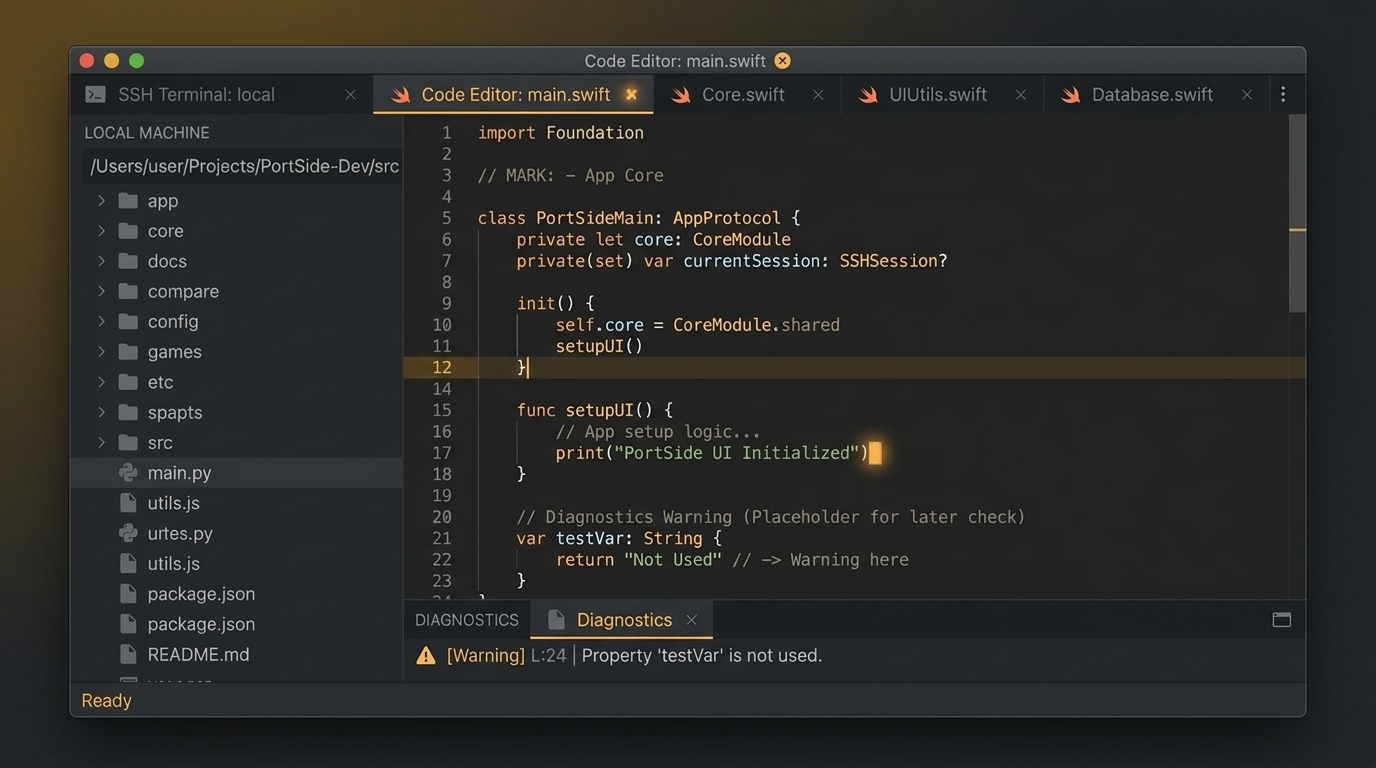 A screenshot style mockup of PortSide's Code Editor tab with a file sidebar, open file tabs, and a code editor pane showing Swift code with syntax highlighting