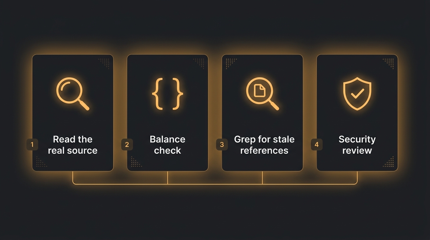 A simple, clean infographic showing a four step checklist: read the real source, balance check, grep for stale references, and a security review