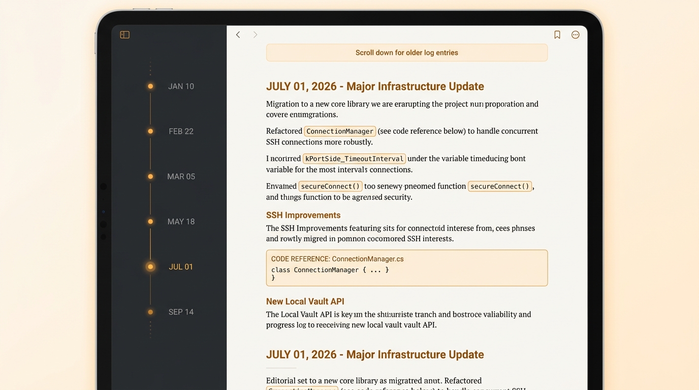 A stylized screenshot mockup of a long form written progress log document shown as a scrollable page with dated section headings and a light reading pane